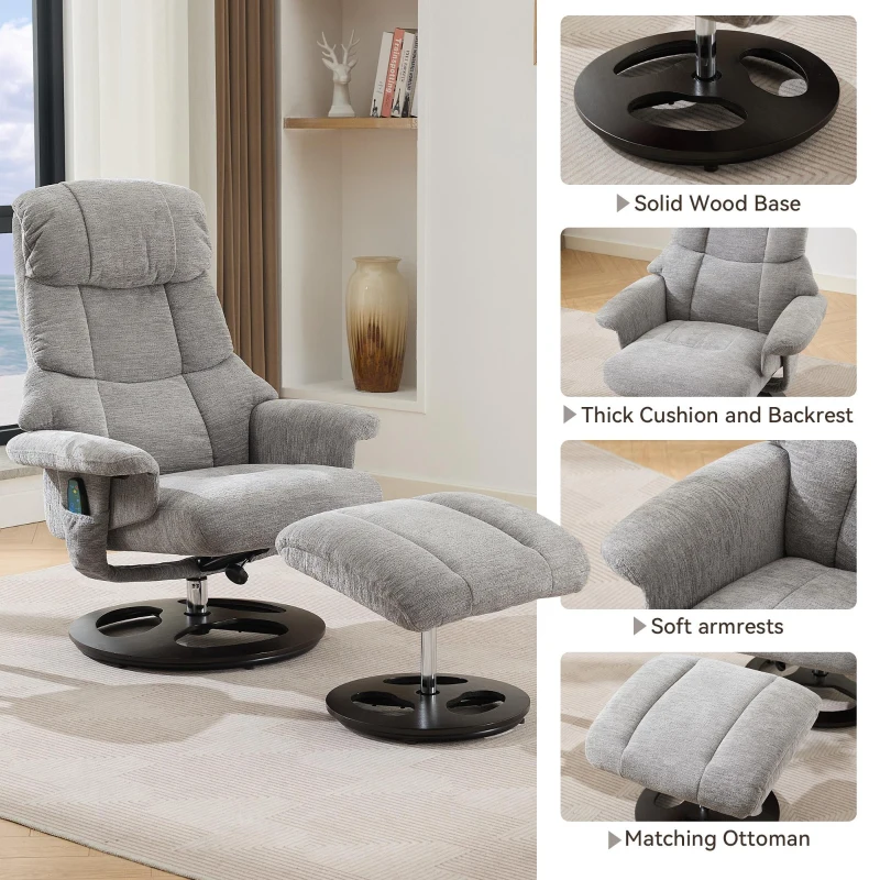 Ergonomic Recliner Chair with Ottoman and Massage, Cozy Swivel Lounge Chair with Heated Seat and 140° Recline, 32'' L x 33" W x 43.5" H, Grey
