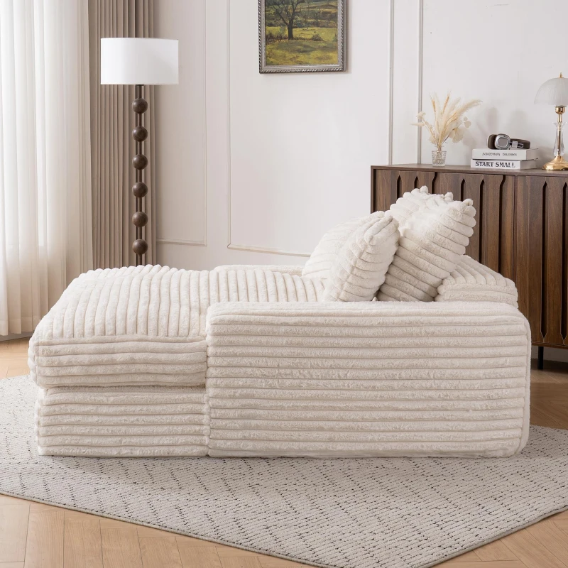 Oversized Chaise Sleeper Sofa with Corduroy, Pillows and Armrests, No-Assembly Lounge Chair for Living Room, 69'' L x 65.5" W x 24.5" H, Beige