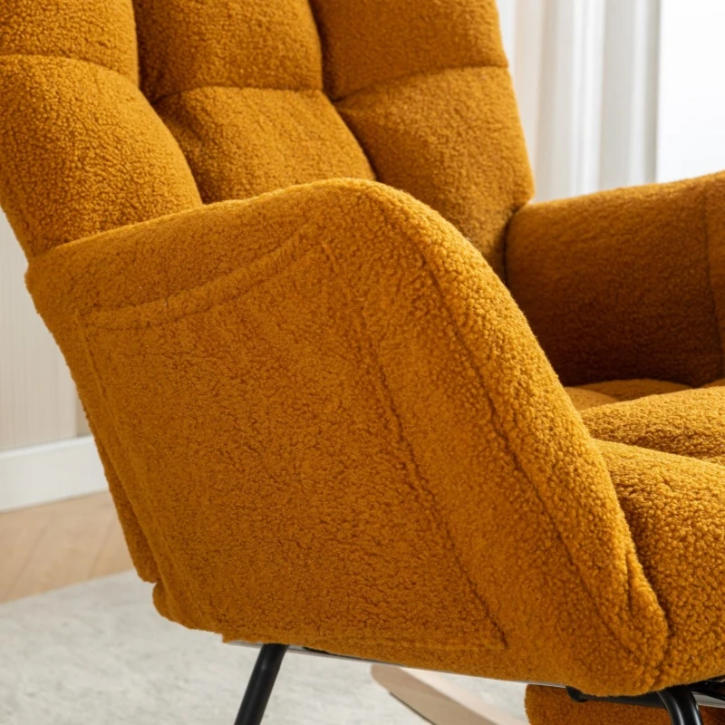 Cozy Teddy Fabric Rocking Chair with Adjustable Footstool, Ergonomic Nursery Chair for Living Room Bedroom, 37'' L x 26"W x 35" H, Caramel