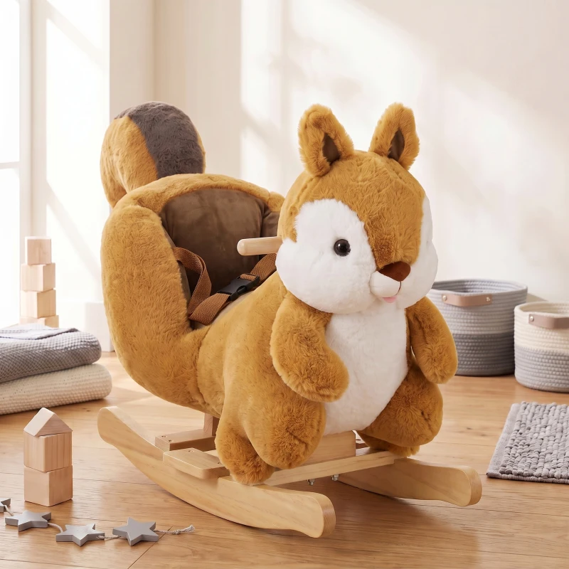 Qaba Baby Rocking Horse for Toddlers 1-3 Years, Squirrel Rocking Horse Toy with Sounds, Seat Belt and Rocking Stopper, Brown