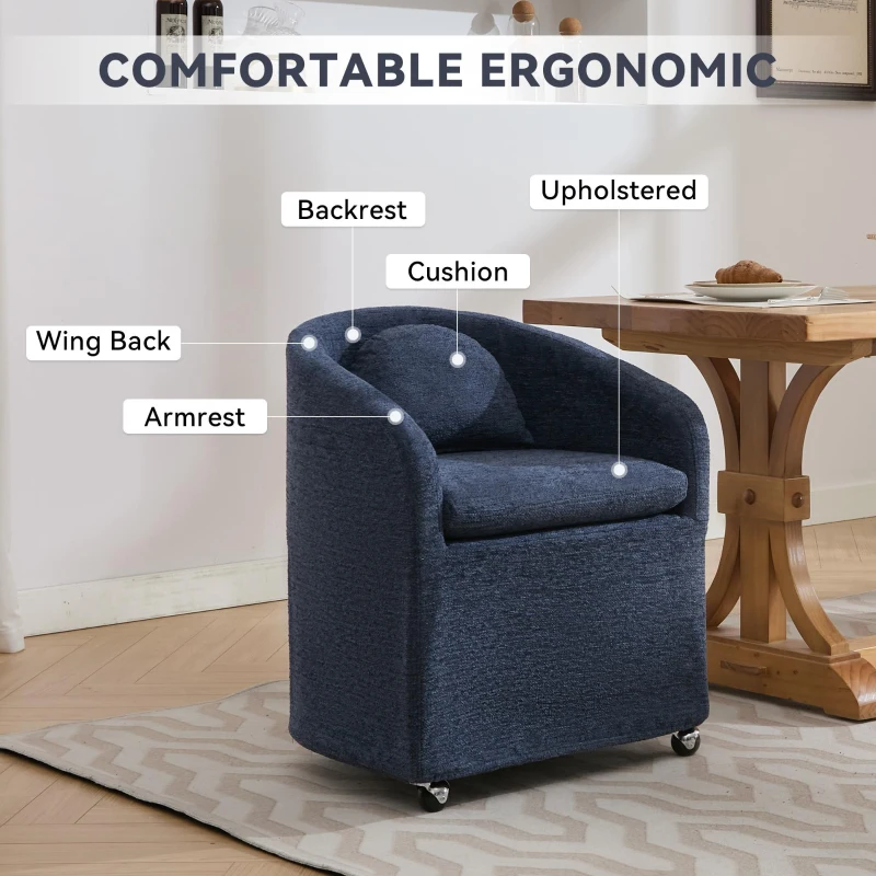 Soft Elegant Chenille Dining Armchair with Back Cushion, Modern Ergonomic Swivel Chair with Universal Wheels, 22'' L x 24.5" W x 30" H, Blue