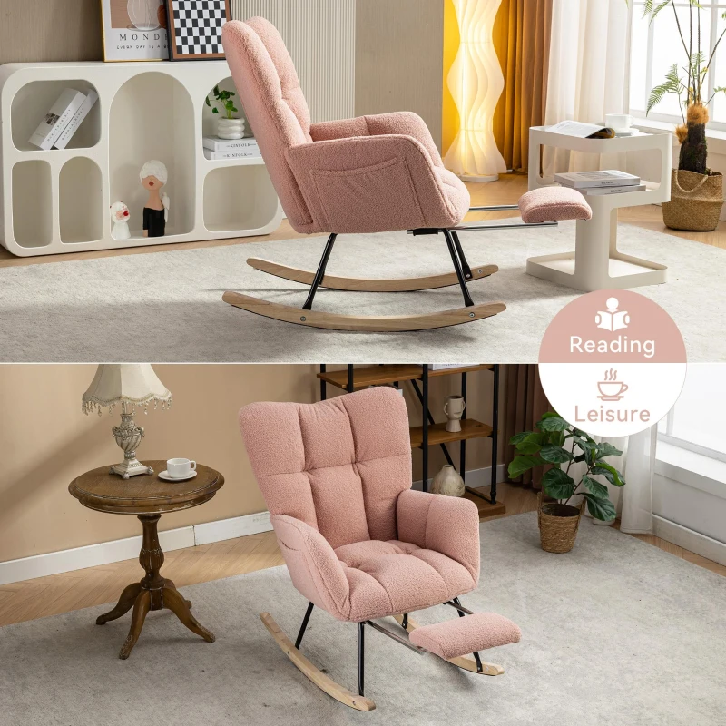 Snug Teddy Fabric Rocking Chair with Adjustable Footstool, Ergonomic Nursery Chair for Living Room Bedroom, 37-49'' L x 26"W x 35-36" H, Pink