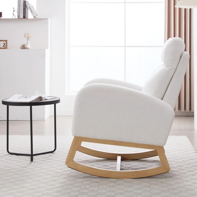 Cozy Teddy Fabric Rocking Chair with Adjustable Footstool, Ergonomic Nursery Chair for Living Room, 35-49'' L x 27.5"W x 40-41.5" H, White