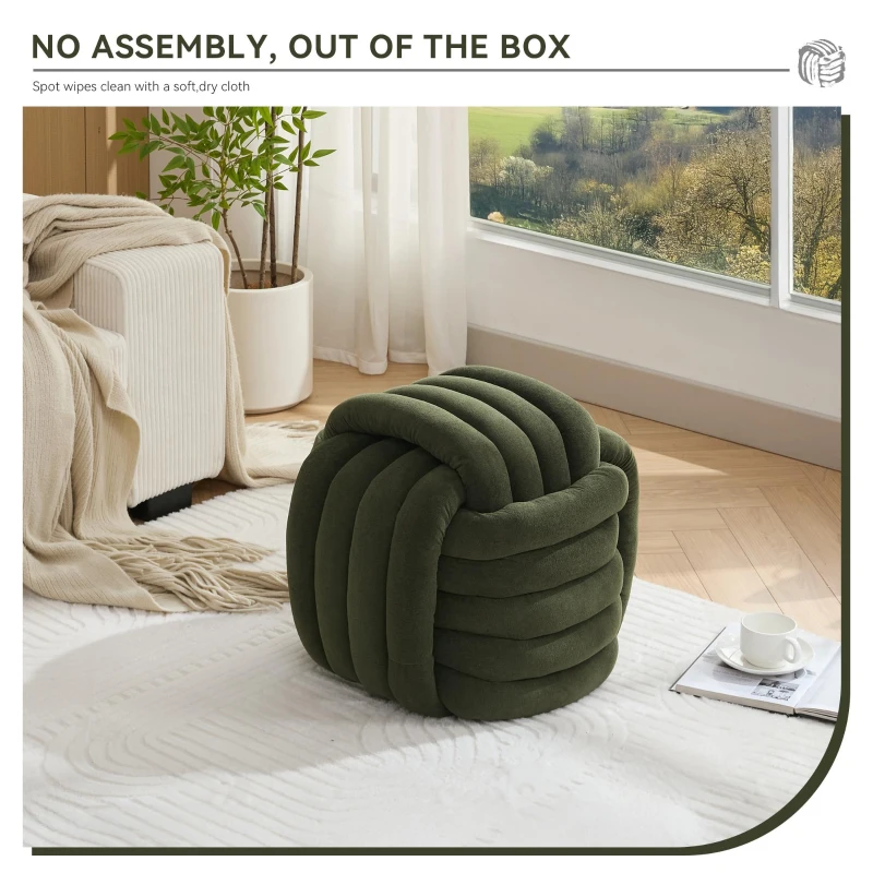 Cozy Modern Knot Design Ottoman with Soft Chenille and Foam Filling, Chic Makeup Stool with No Assembly, 19.5'' L x 19.5" W x 17.5" H, Green