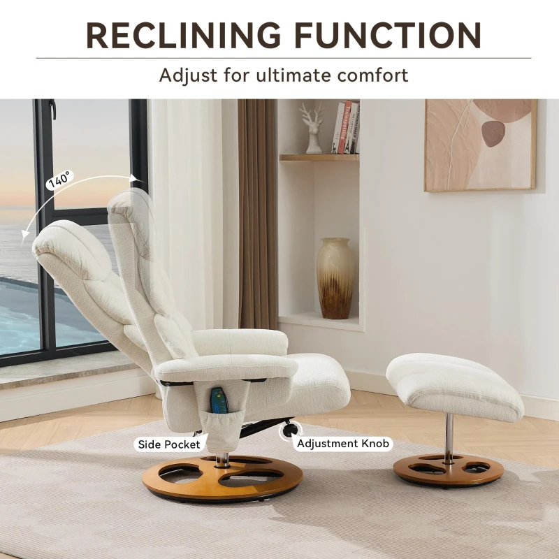 Ergonomic Recliner Chair with Ottoman and Massage, Cozy Swivel Lounge Chair with Heated Seat and 140° Recline, 32'' L x 33" W x 43.5" H, White