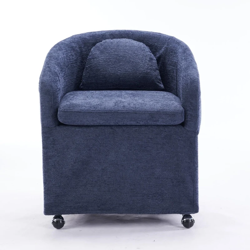 Soft Elegant Chenille Dining Armchair with Back Cushion, Modern Ergonomic Swivel Chair with Universal Wheels, 22'' L x 24.5" W x 30" H, Blue