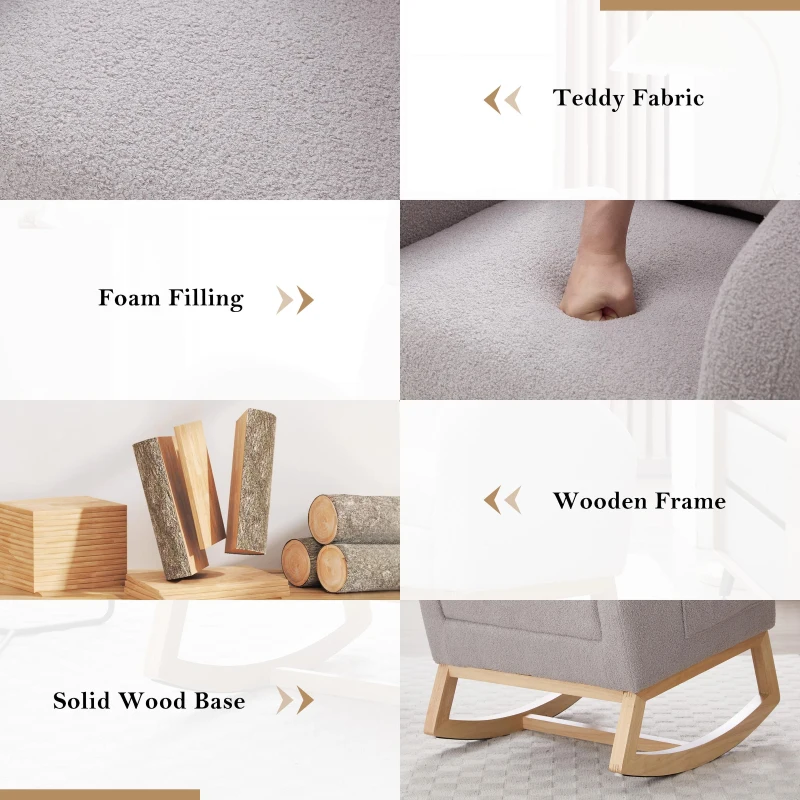 Snug Teddy Fabric Rocking Chair with Adjustable Footstool, Ergonomic Nursery Chair for Living Room, 35-49'' L x 27.5"W x 40-41.5" H, Light Gray