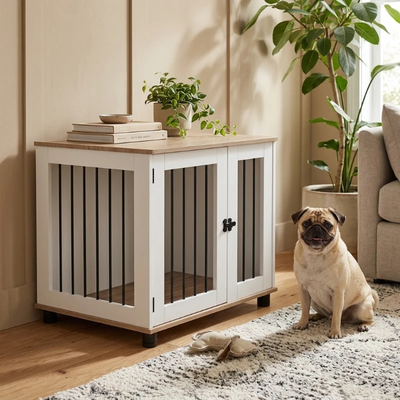 PawHut Dog Kennel Furniture Side End Table Indoor with Lockable Door, for Small and Medium Dogs, Walnut Brown