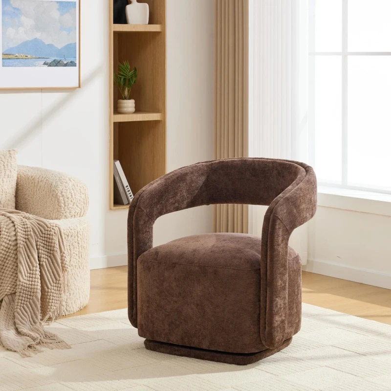 Elegant Swivel Accent Armchair with Curved Backrest, Soft Chenille Barrel Chair with 360° Rotation, Foam Seat, 27.5'' L x 25.5" W x 29" H, Brown