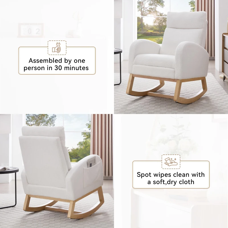 Cozy Teddy Fabric Rocking Chair with Adjustable Footstool, Ergonomic Nursery Chair for Living Room, 35-49'' L x 27.5"W x 40-41.5" H, White