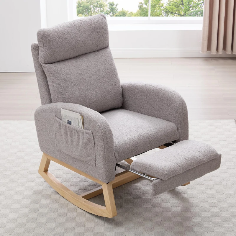 Snug Teddy Fabric Rocking Chair with Adjustable Footstool, Ergonomic Nursery Chair for Living Room, 35-49'' L x 27.5"W x 40-41.5" H, Light Gray