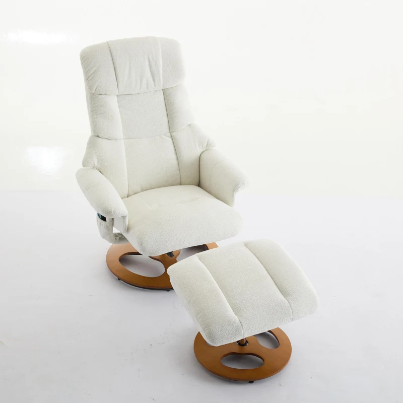 Ergonomic Recliner Chair with Ottoman and Massage, Cozy Swivel Lounge Chair with Heated Seat and 140° Recline, 32'' L x 33" W x 43.5" H, White