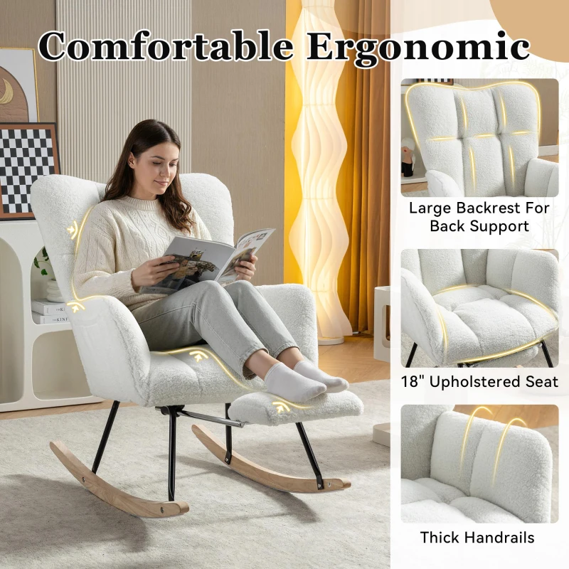 Plush Teddy Fabric Rocking Chair with Adjustable Footstool, Ergonomic Nursery Chair for Living Room Bedroom, 37-49'' L x 26"W x 35-36" H, Ivory