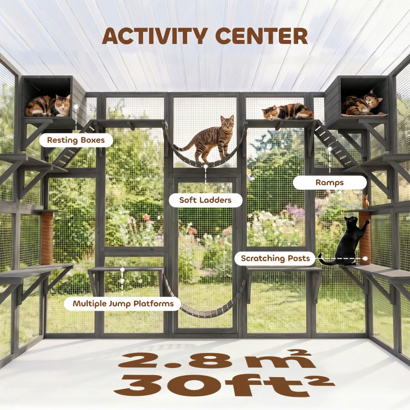 PawHut Catio Outdoor Cat Enclosure, 74"H Walk-in Catio with Waterproof Roof, 2 Condos, 6 Platforms, Ladders, Scratching Posts