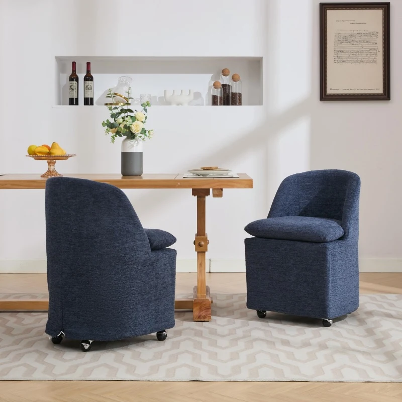 Modern Set of 2 Upholstered Dining Chairs with Soft Chenille, Ergonomic Side Chairs with 360° Swivel Wheels, 21'' L x 21" W x 31" H, Blue