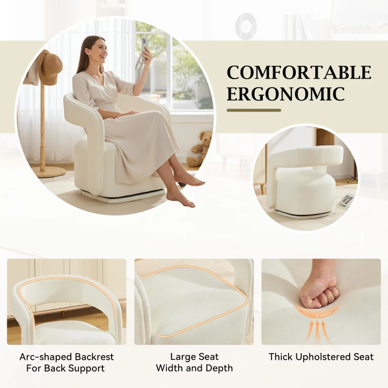 Cozy Chenille Swivel Accent Armchair with Curved Backrest, Stylish Barrel Leisure Chair for Living Room Study, 27.5'' L x 25.5"W x 29" H, White