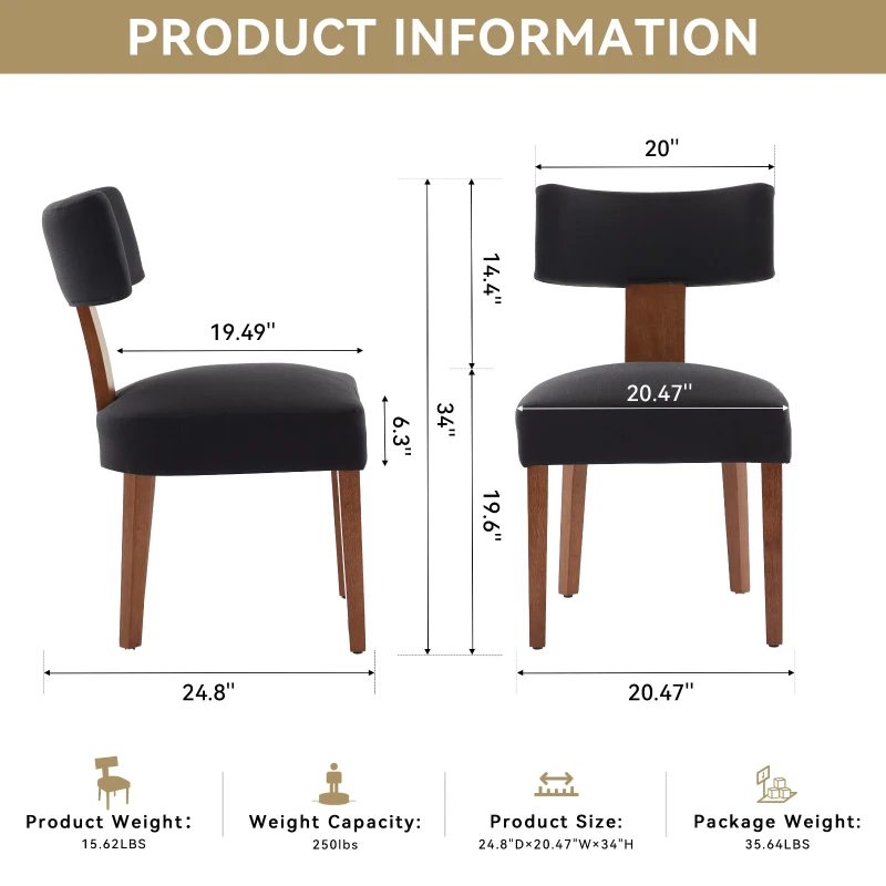 Ergonomic Linen Armless Dining Chair with Padded Seat Cushion, Modern Side Chair for Dining Room Living Room, 24.5'' L x 20.5"W x 34" H, Black
