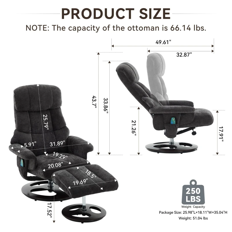 Ergonomic Recliner Chair with Ottoman and Massage, Swivel Lounge Chair with Heated Seat and 140° Recline, 32'' L x 33" W x 43.5" H, Dark Gray