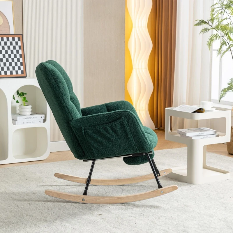 Cozy Teddy Fabric Rocking Chair with Adjustable Footstool, Ergonomic Nursery Chair for Living Room Bedroom, 37-49'' L x 26"W x 35-36" H, Green