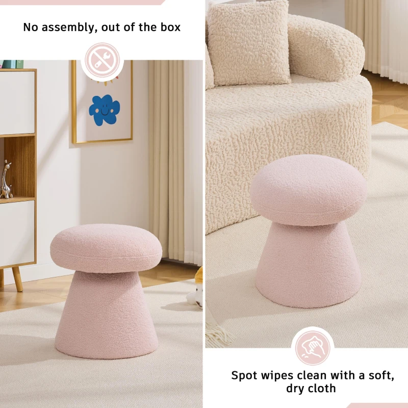 Cozy Mushroom Ottoman with Teddy Upholstery and 360° Swivel, Chic Footstool with Non-Slip Feet and No Assembly, 16'' L x 16" W x 17.5" H, Pink