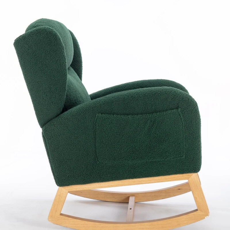 Elegant Teddy Fabric Rocking Chair with Ergonomic Backrest and Plush Filling, Accent Chair with Wooden Legs, 38'' L x 28" W x 40" H, Green