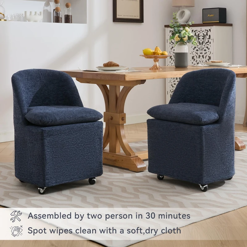Modern Set of 2 Upholstered Dining Chairs with Soft Chenille, Ergonomic Side Chairs with 360° Swivel Wheels, 21'' L x 21" W x 31" H, Blue
