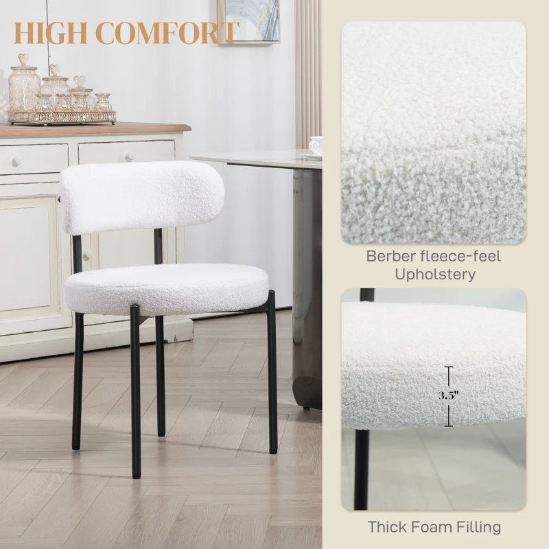 HOMCOM Round Modern Upholstered Kitchen Chairs, Boucle Dining Chairs Set of 4 with Curved Backrest and Thick Cushion, White