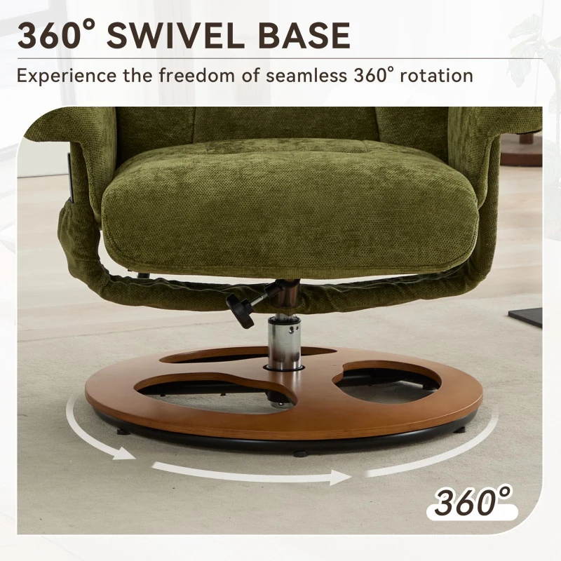 Ergonomic Recliner Chair with Ottoman and Massage, Cozy Swivel Lounge Chair with Heated Seat and 140° Recline, 32'' L x 33" W x 43.5" H, Green