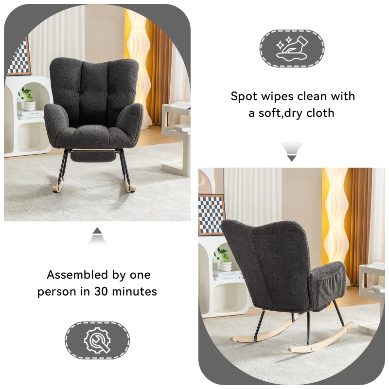Soft Teddy Fabric Rocking Chair with Adjustable Footrest, Ergonomic Nursery Chair for Living Room , 37-49'' L x 26"W x 35-36" H, Dark Gray