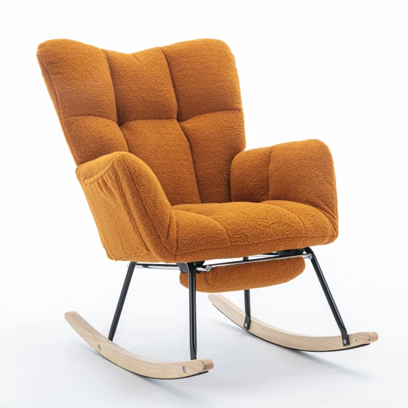 Cozy Teddy Fabric Rocking Chair with Adjustable Footstool, Ergonomic Nursery Chair for Living Room Bedroom, 37'' L x 26"W x 35" H, Caramel