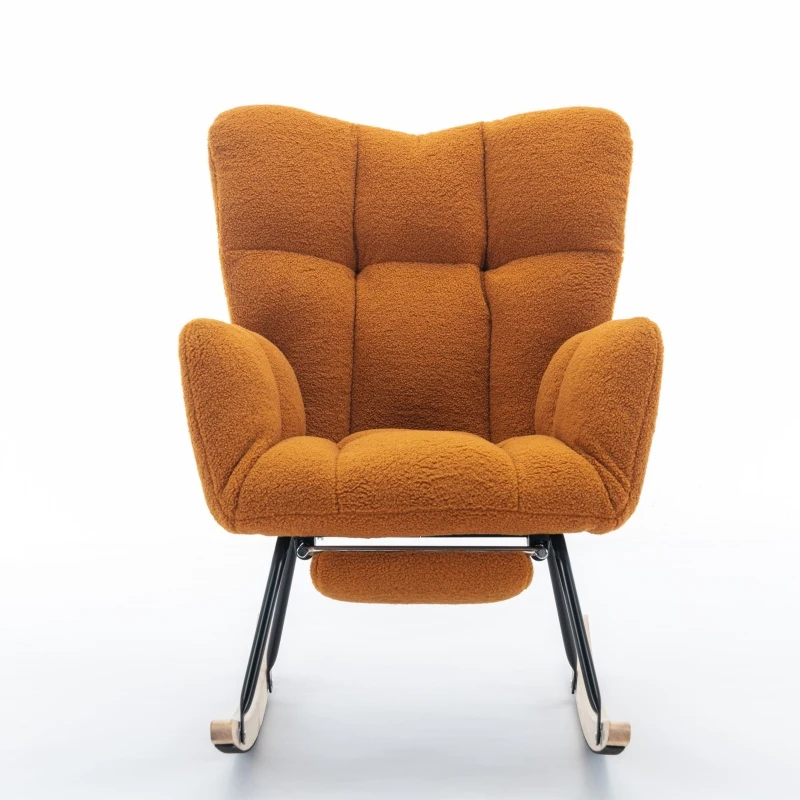 Cozy Teddy Fabric Rocking Chair with Adjustable Footstool, Ergonomic Nursery Chair for Living Room Bedroom, 37'' L x 26"W x 35" H, Caramel