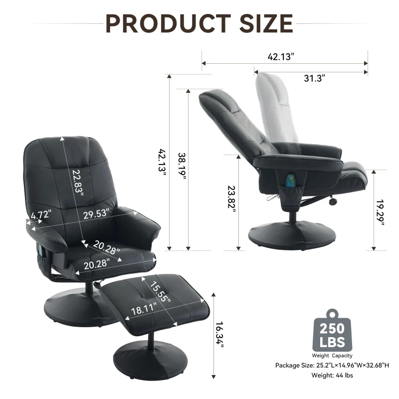 Ergonomic Massage Recliner Chair with Ottoman, Cozy Swivel Lounge Chair with Massage and Seat Heating, 31.5'' L x 29.5" W x 38" H, Black