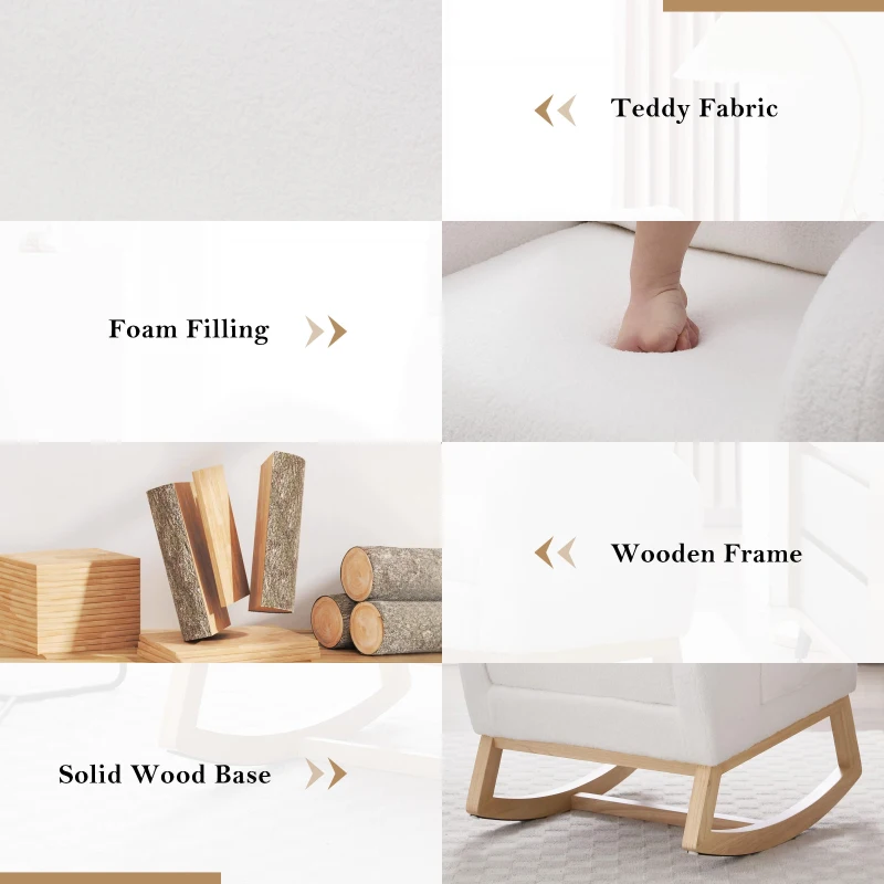 Cozy Teddy Fabric Rocking Chair with Adjustable Footstool, Ergonomic Nursery Chair for Living Room, 35-49'' L x 27.5"W x 40-41.5" H, White
