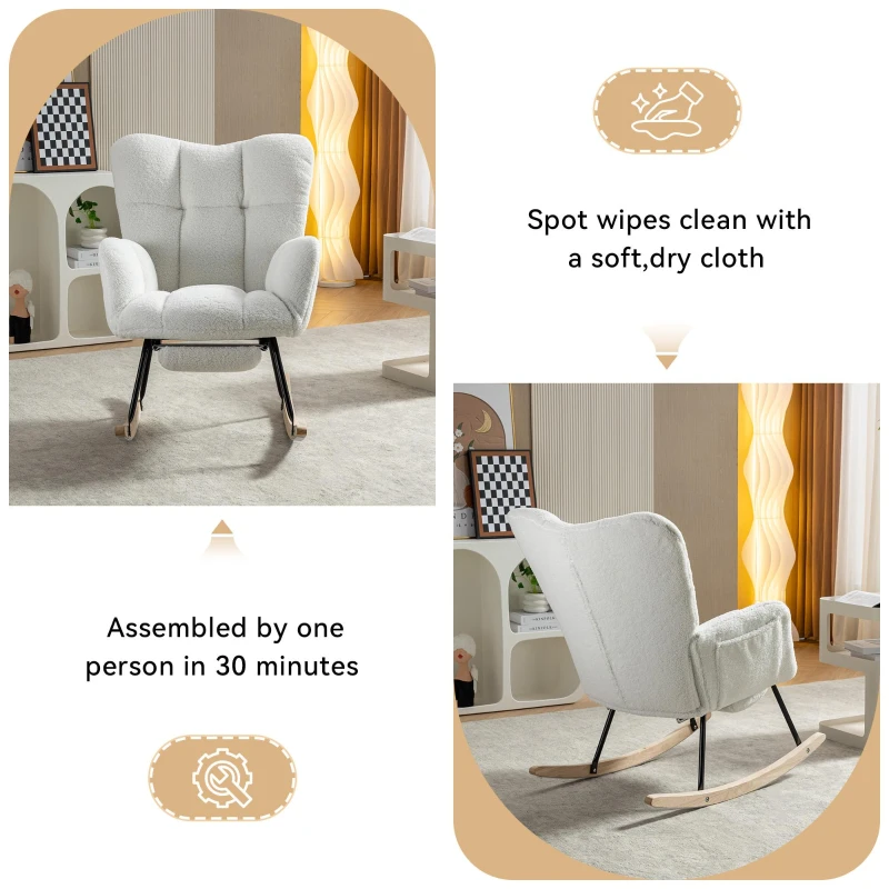 Plush Teddy Fabric Rocking Chair with Adjustable Footstool, Ergonomic Nursery Chair for Living Room Bedroom, 37-49'' L x 26"W x 35-36" H, Ivory