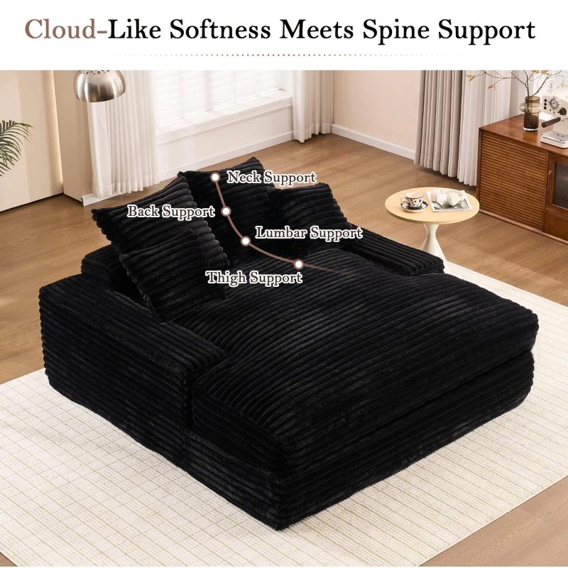 Oversized Corduroy Chaise Lounge Sofa with High-Resilience Foam, Cozy Sleeper Couch for Living Room Apartment, 69'' L x 65.5"W x 24.5" H, Black