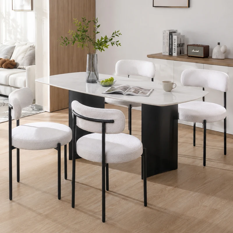HOMCOM Round Modern Upholstered Kitchen Chairs, Boucle Dining Chairs Set of 4 with Curved Backrest and Thick Cushion, White