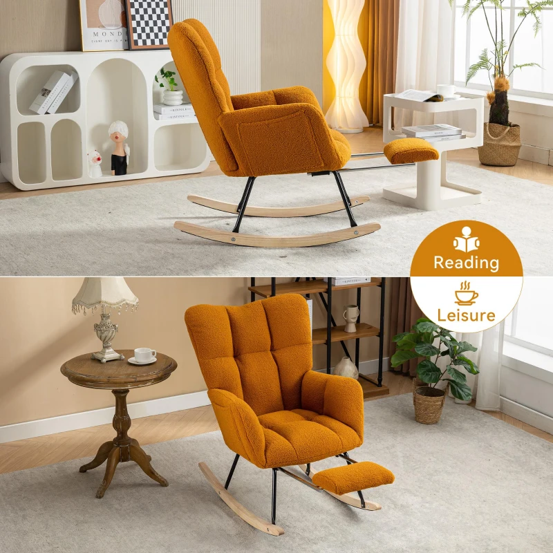 Cozy Teddy Fabric Rocking Chair with Adjustable Footstool, Ergonomic Nursery Chair for Living Room Bedroom, 37'' L x 26"W x 35" H, Caramel