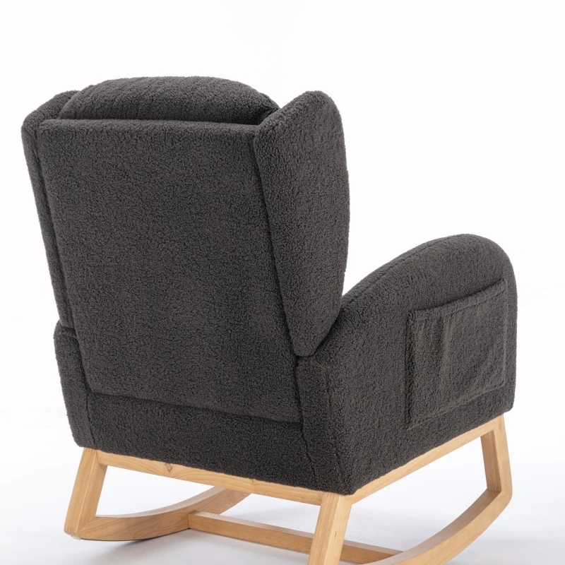 Elegant Teddy Fabric Rocking Chair with Ergonomic Backrest and Plush Filling, Accent Chair with Wooden Legs, 38'' L x 28" W x 40" H, Dark Gray