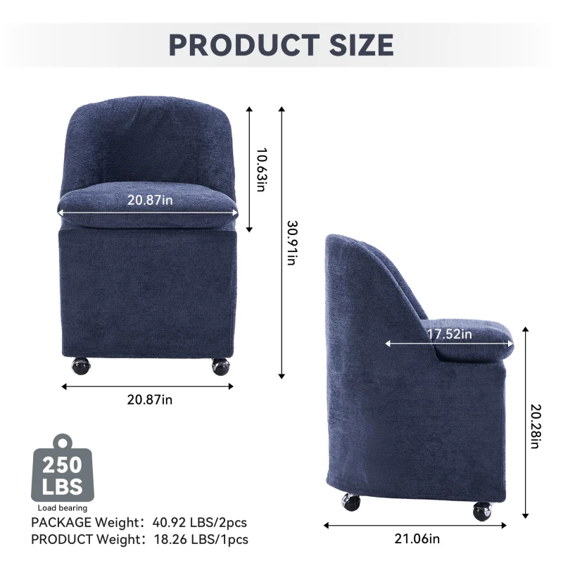 Modern Set of 2 Upholstered Dining Chairs with Soft Chenille, Ergonomic Side Chairs with 360° Swivel Wheels, 21'' L x 21" W x 31" H, Blue
