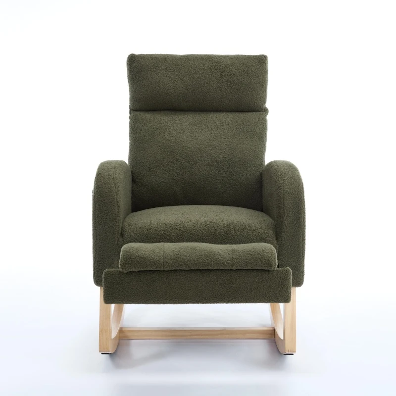 Plush Teddy Fabric Rocking Chair with Adjustable Footstool, Ergonomic Nursery Chair for Living Room, 35-49'' L x 27.5"W x 40-41.5" H, Green