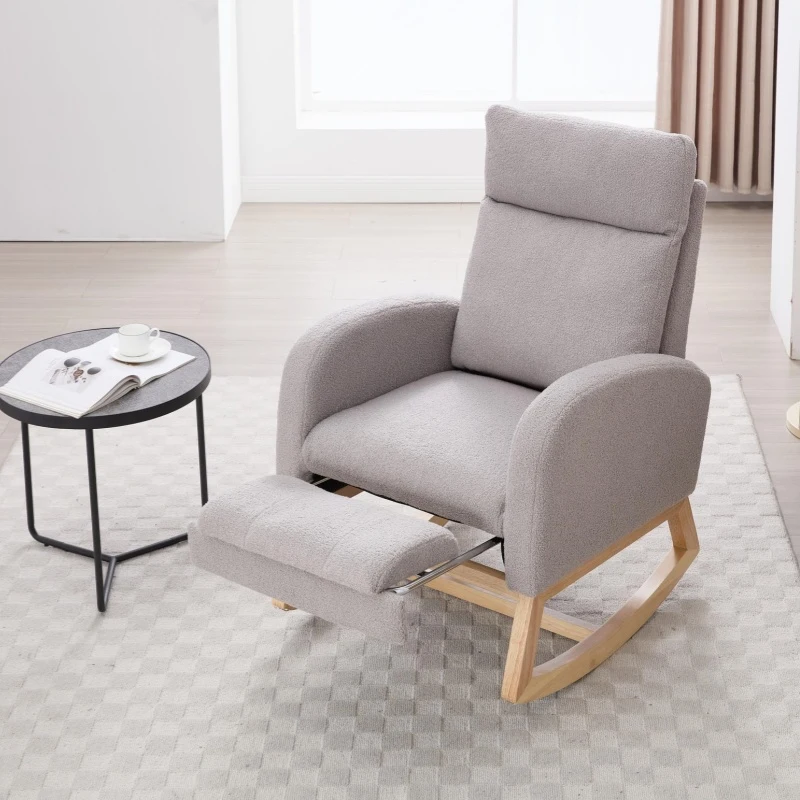 Snug Teddy Fabric Rocking Chair with Adjustable Footstool, Ergonomic Nursery Chair for Living Room, 35-49'' L x 27.5"W x 40-41.5" H, Light Gray