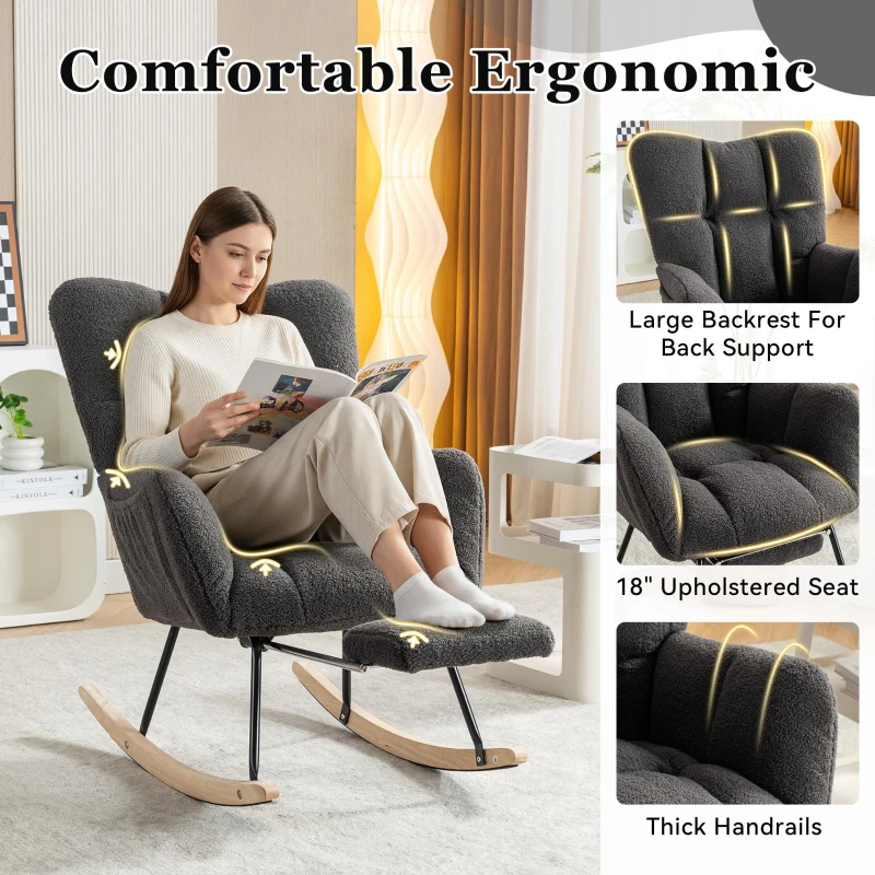 Soft Teddy Fabric Rocking Chair with Adjustable Footrest, Ergonomic Nursery Chair for Living Room , 37-49'' L x 26"W x 35-36" H, Dark Gray