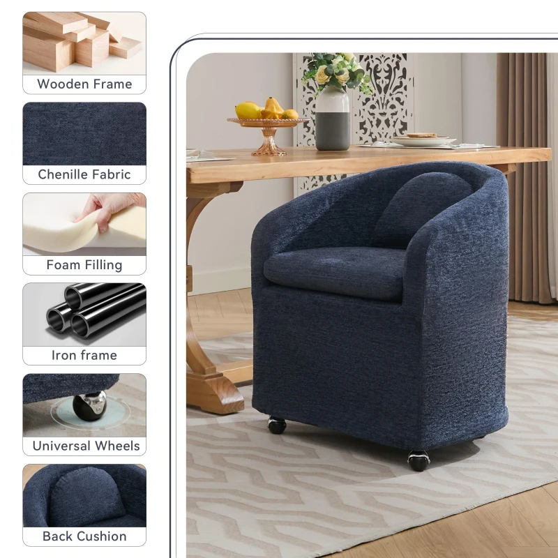 Soft Elegant Chenille Dining Armchair with Back Cushion, Modern Ergonomic Swivel Chair with Universal Wheels, 22'' L x 24.5" W x 30" H, Blue