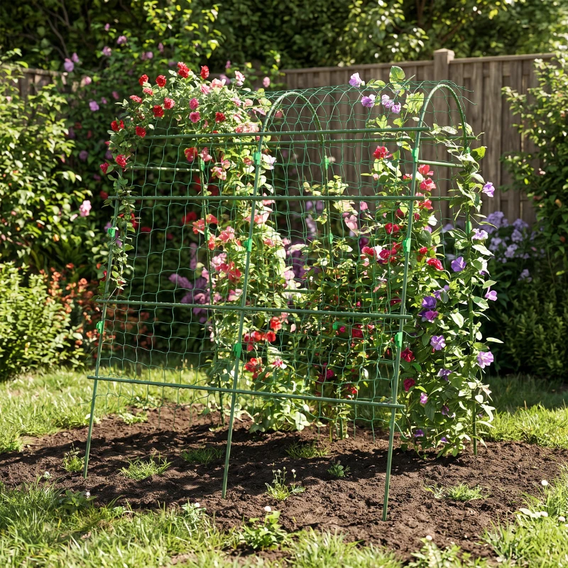 Outsunny Metal Garden Trellis, Arch Trellis for Climbing Plants Outdoor, A-Frame, with Climbing Net, 57" x 66" x 81", Green