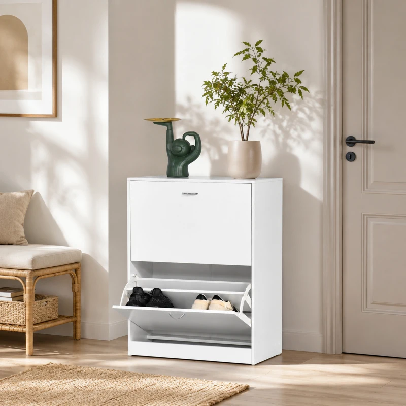 HOMCOM Shoe Cabinet with 2 Flip Drawers, Narrow Shoe Storage Cabinet with Adjustable Shelves for Entryway, Hallway, White
