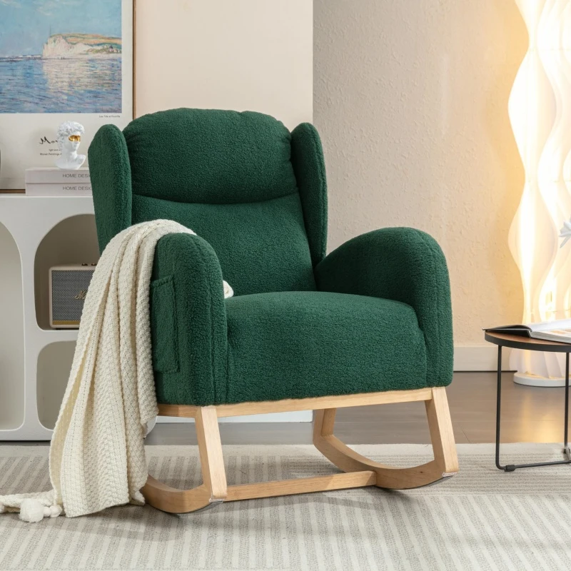 Elegant Teddy Fabric Rocking Chair with Ergonomic Backrest and Plush Filling, Accent Chair with Wooden Legs, 38'' L x 28" W x 40" H, Green