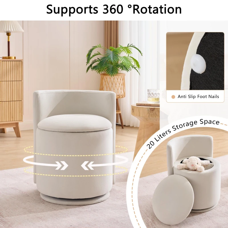 Cozy Velvet Swivel Accent Chair with Curved Backrest and Hidden Storage, Compact Storage Chair for Living Room, 18.5'' L x 18.5"W x 22" H, Beige