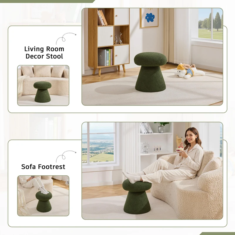 Mushroom-Shaped Swivel Ottoman with Teddy Upholstery, Chic Footstool with 360° Rotation and No Assembly, 16'' L x 16" W x 17.5" H, Green