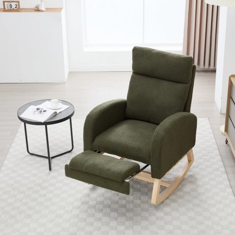 Plush Teddy Fabric Rocking Chair with Adjustable Footstool, Ergonomic Nursery Chair for Living Room, 35-49'' L x 27.5"W x 40-41.5" H, Green