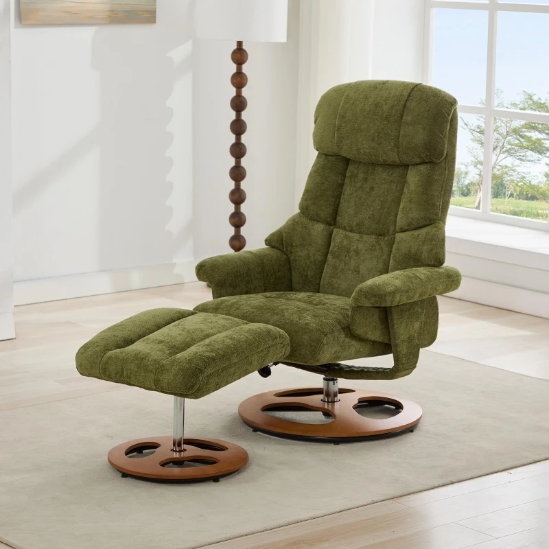 Ergonomic Recliner Chair with Ottoman and Massage, Cozy Swivel Lounge Chair with Heated Seat and 140° Recline, 32'' L x 33" W x 43.5" H, Green